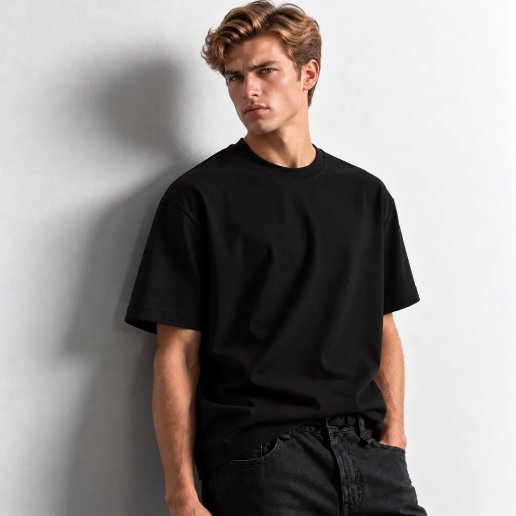 Modelo con camiseta negra junto a pared clara.webp