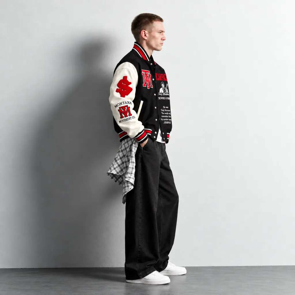Retrato editorial de chaqueta varsity en perfil.webp